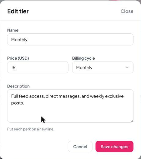 The Edit tier dialog, showing name, price, billing cycle, and description fields
