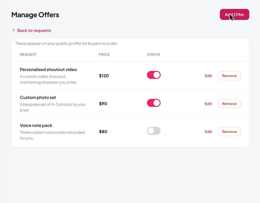 The Manage Offers screen, showing offers with prices, status toggles, and edit controls