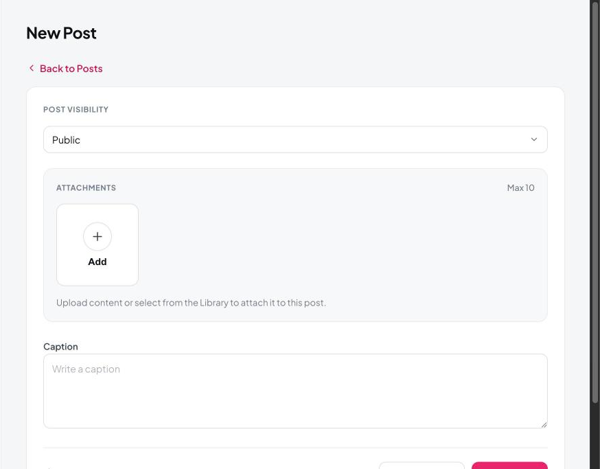 The New Post screen, showing visibility, attachments, and caption fields
