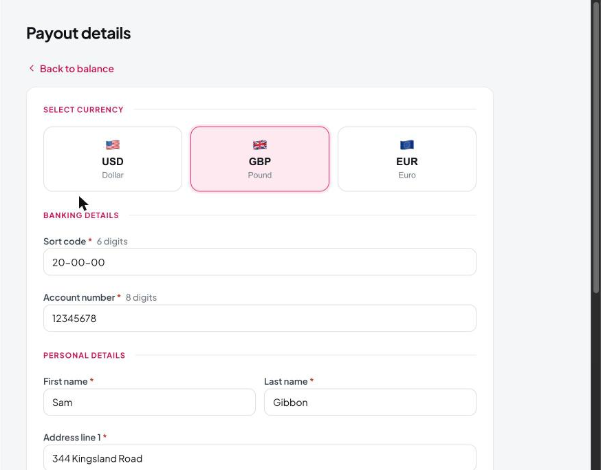 The Payout details screen, showing currency selection and banking detail fields
